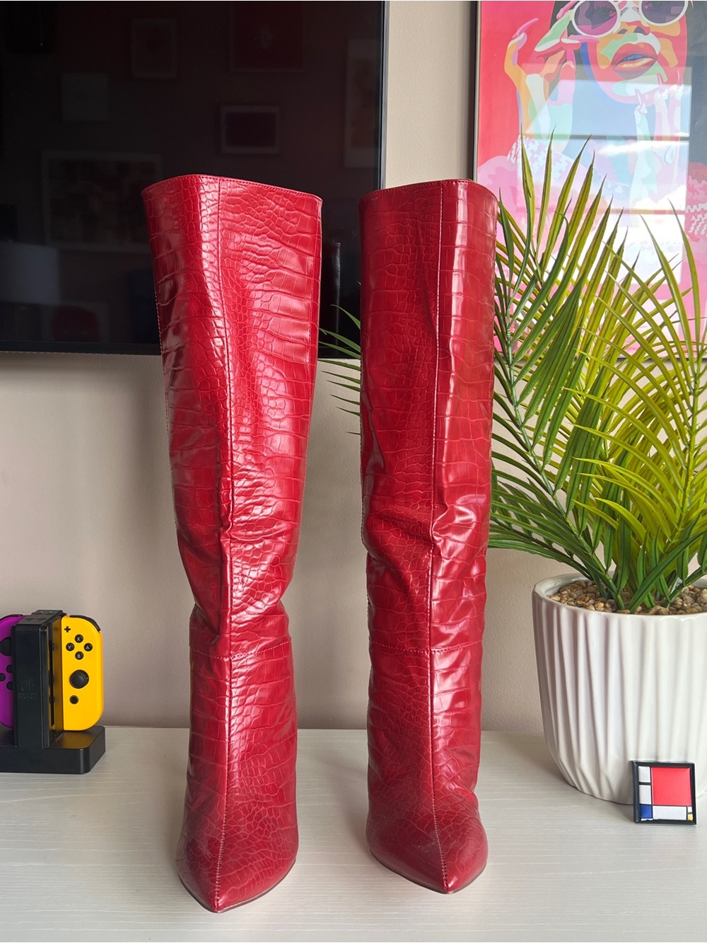 Chase and Chloe Red Croc Embossed Pointed Toe Tall Boots Size 6